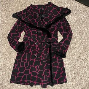 Real fur trimmed black and Pink double breasted Patterned belted Coat
